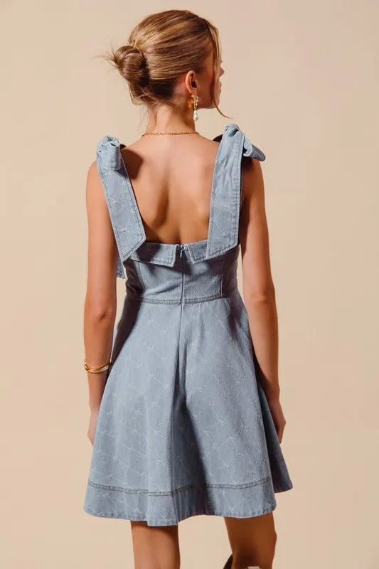 A Line Fit and Flare Diamond Bow Ribbon Denim Dres in Lt Denim - product view 6