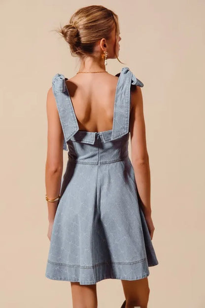 A Line Fit and Flare Diamond Bow Ribbon Denim Dres in Lt Denim - product view 6