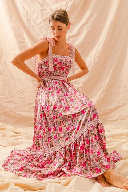 Floral Maxi Dress With Ribbon Tie Lace Strap in Pink Combo - product view 12