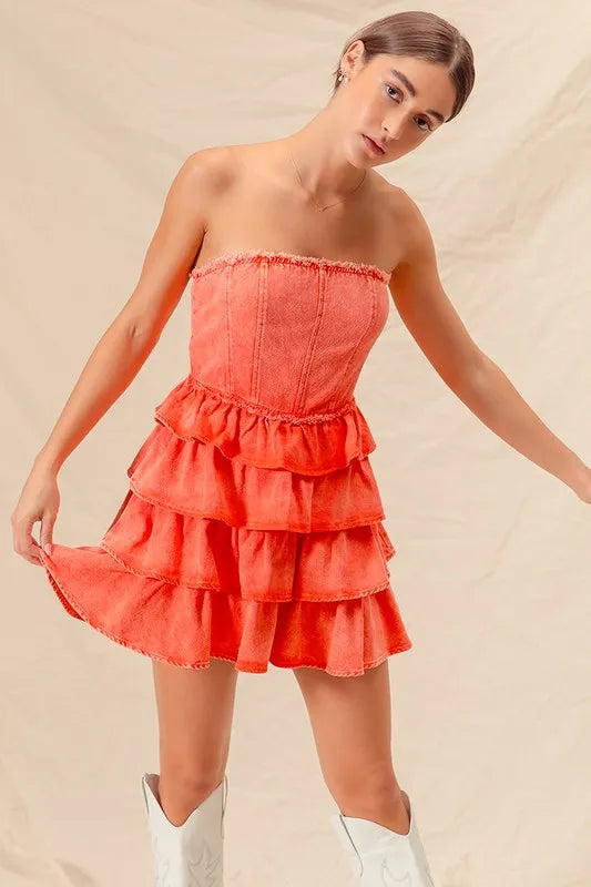 Strapless Ruffle Layered Game Day Cheer Up Dress - Orange - product view 5