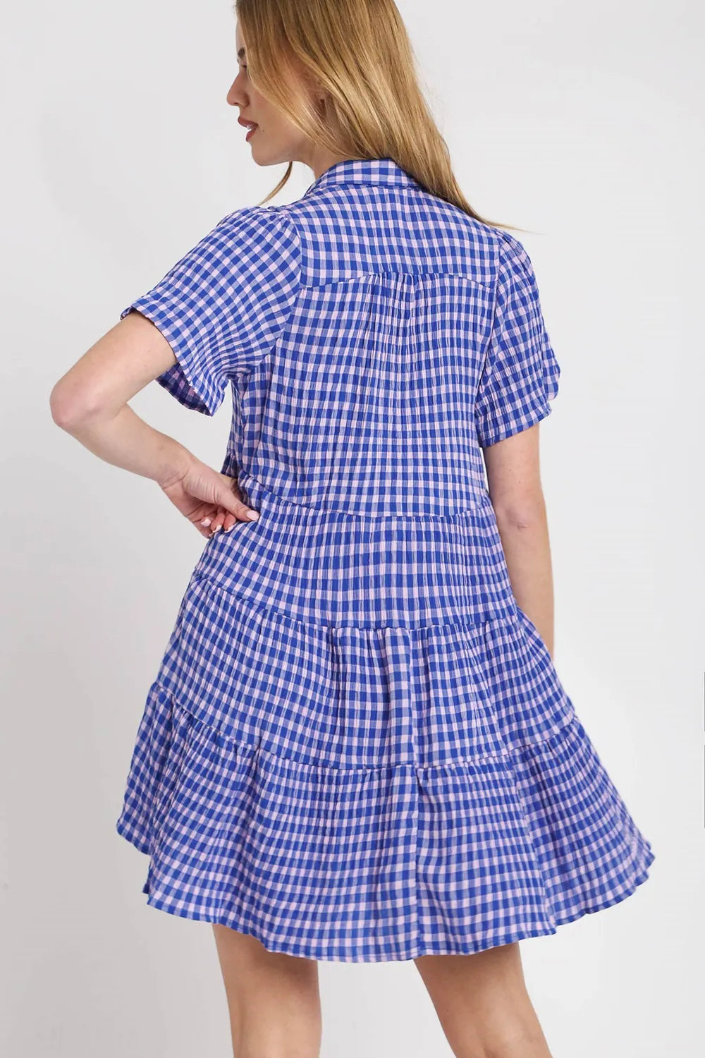 Full Size Gingham Tiered Button Detail Short Sleeve Dress Plus Size - Blue - product view 2