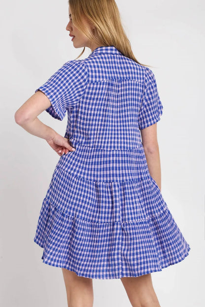Full Size Gingham Tiered Button Detail Short Sleeve Dress Plus Size - Blue - product view 2