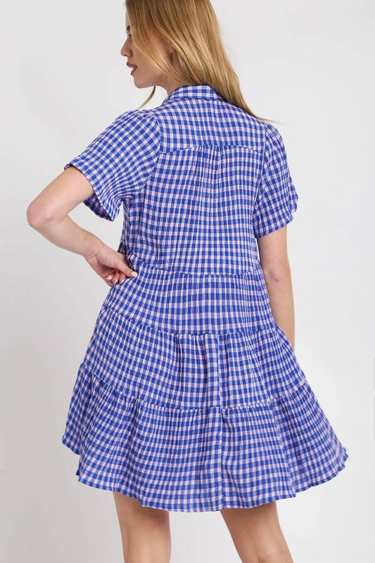 Full Size Gingham Tiered Button Detail Short Sleeve Dress Plus Size - Blue - product view 2