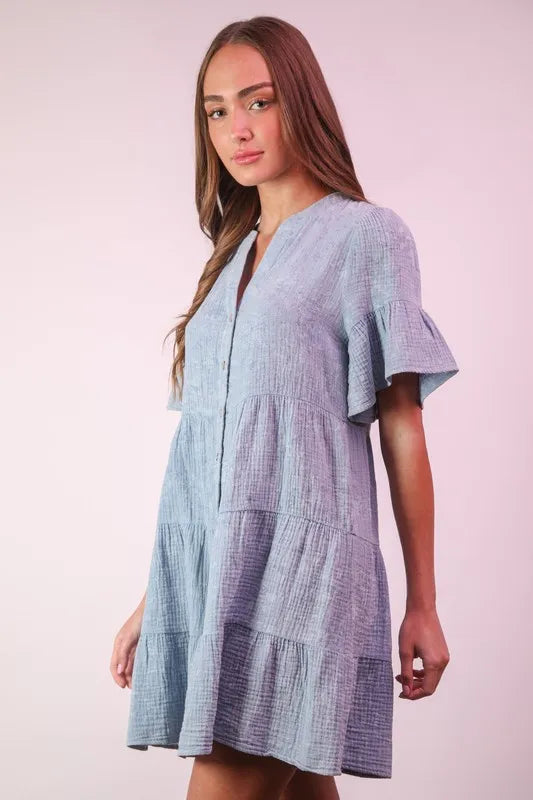 Mineral Washed Baby Bell Sleeve Woven Mini Dress in Denim - product view 2