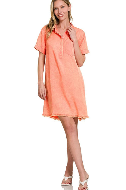 Tencel Mineral Washed Collared Shirts Dress - Coral - product view 4