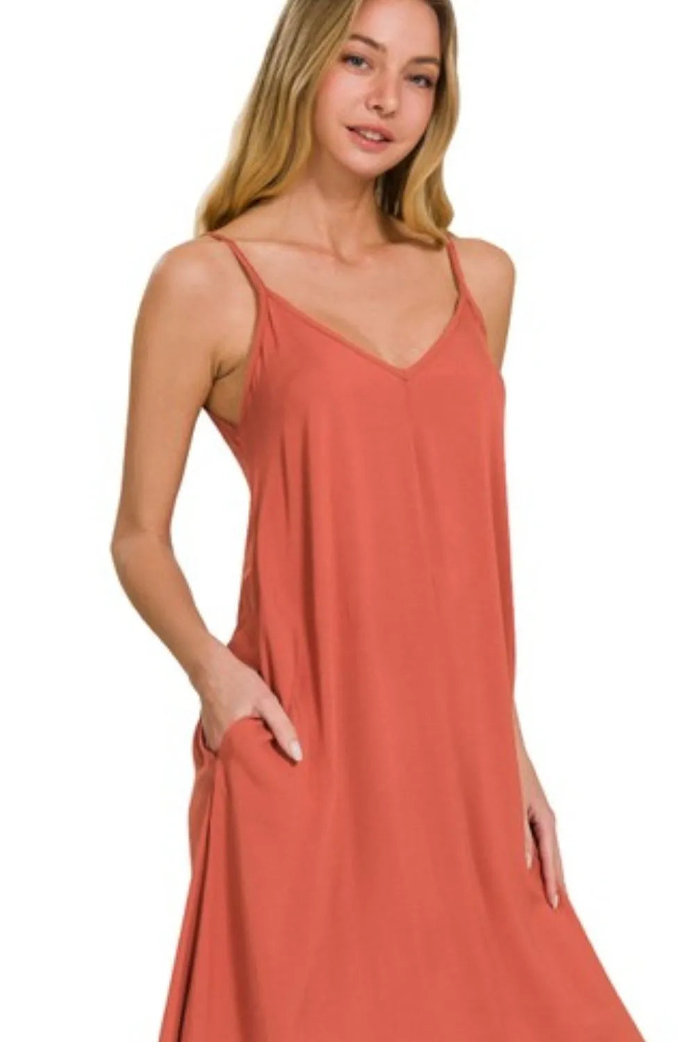 Woven Arc Hem Cami Midi Dress With Flowy Pockets in Rust - product view 2