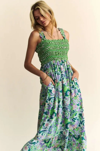 Multi Smocked Bodice Geo Ruffle Strappy Midi Dress - Hunter Green - product view 5