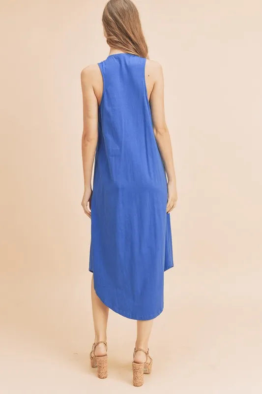 Front Pleat Detail V-Neck Sleeveless Midi Dress in Royal Blue - product view 6