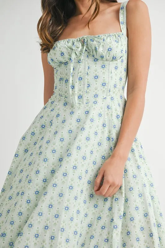 Floral Print Bustier Back Lace Up Midi Dress - Mint - product view 9