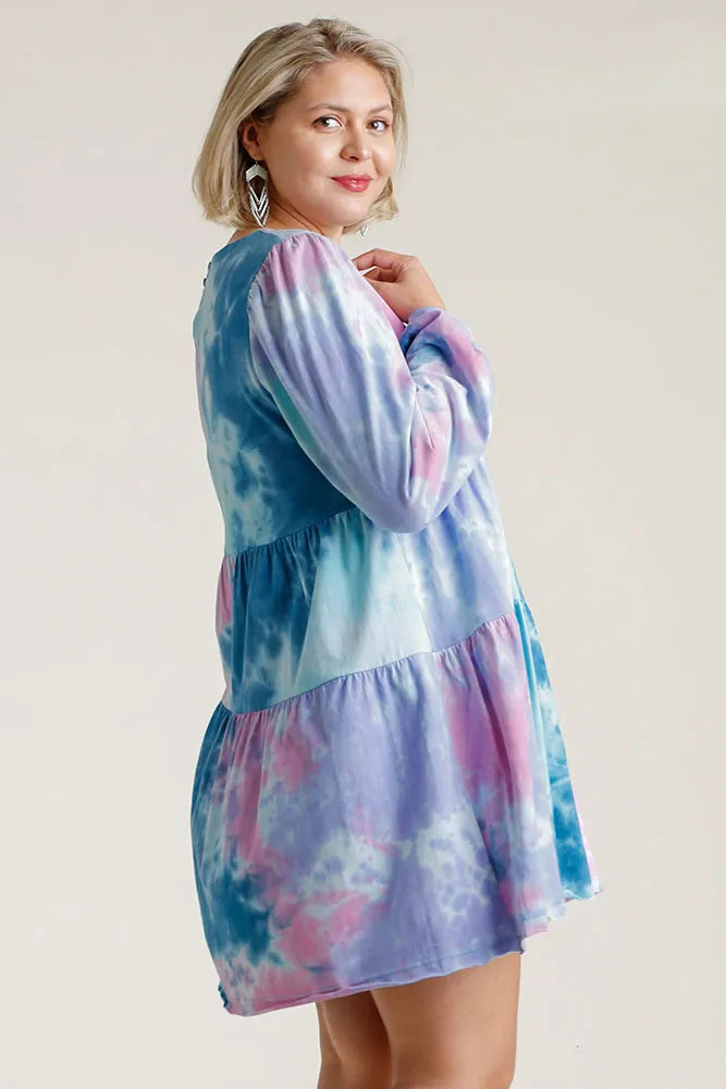 Full Size Tie Dye Round Neck Long Sleeve Babydoll Tiered Dress Plus Size in Teal/Pink - product view 4