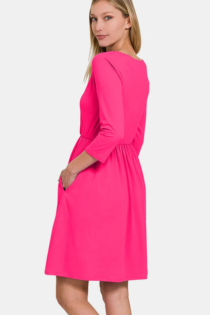 Three-Quarter Sleeve Surplice Dress with Pockets in Hot Pink - product view 2