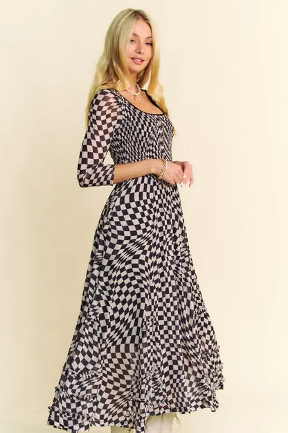 Printed Checker Mesh Flowy Maxi Dress in Black - product view 10