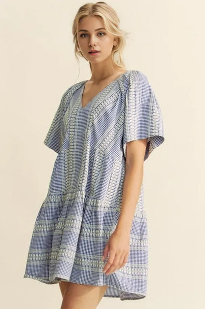 Embroidered Stripe Ruffled Gingham Mini Dress in Navy Blue - product view 1