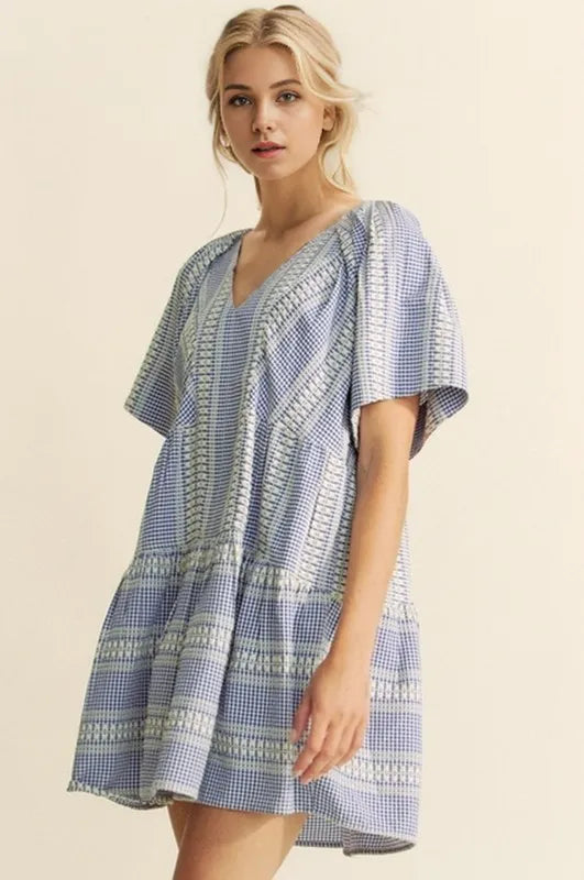 Embroidered Stripe Ruffled Gingham Mini Dress in Navy Blue - product view 1