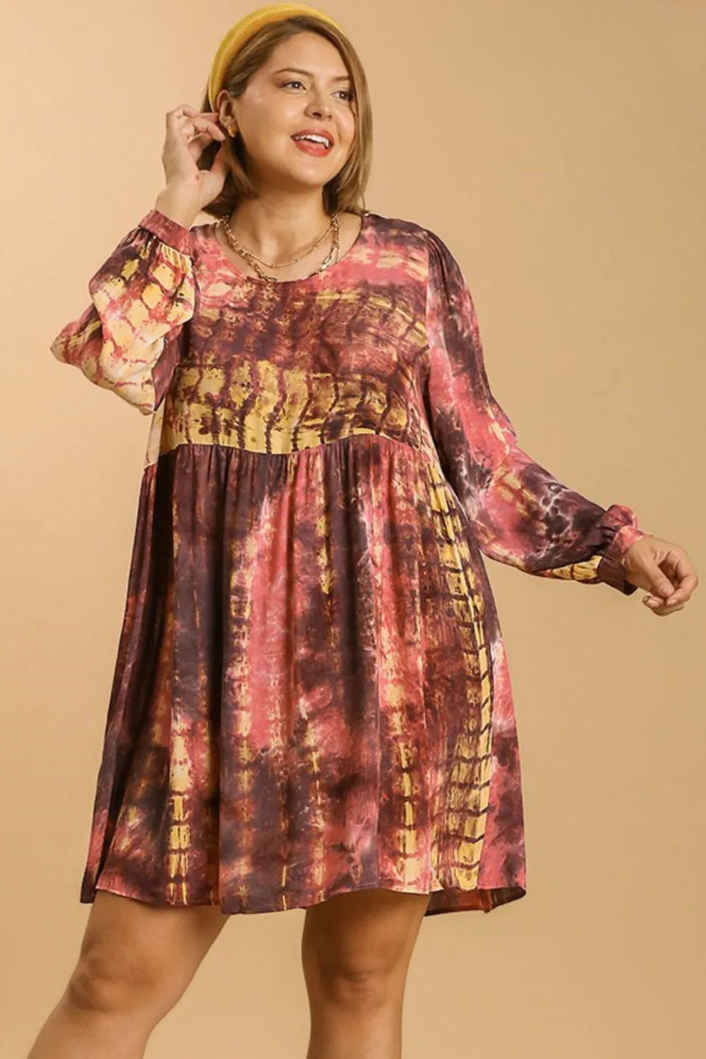Full Size Tie Dye Long Sleeve Babydoll Dress with Keyhole Plus Size in Coral/Mocha - product view 5
