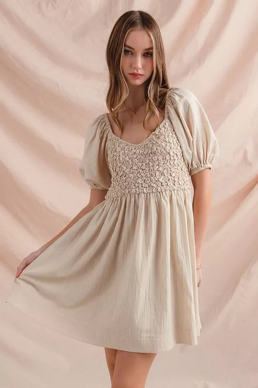 Textured Woven Daily Dress with Puff Sleeves in Dusty Pink - product view 3
