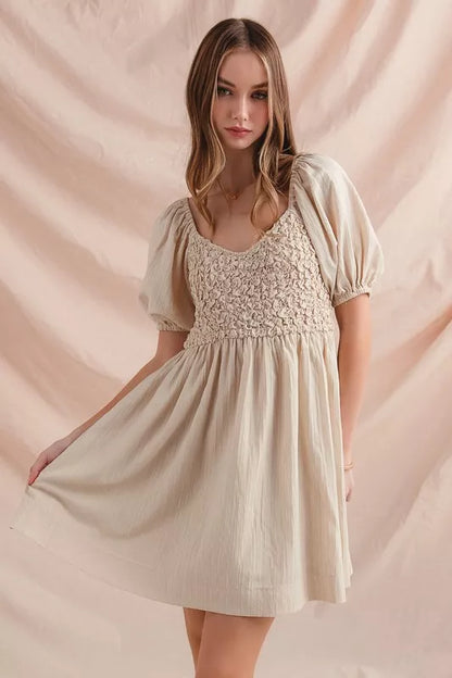 Textured Woven Daily Dress with Puff Sleeves in Dusty Pink - product view 3