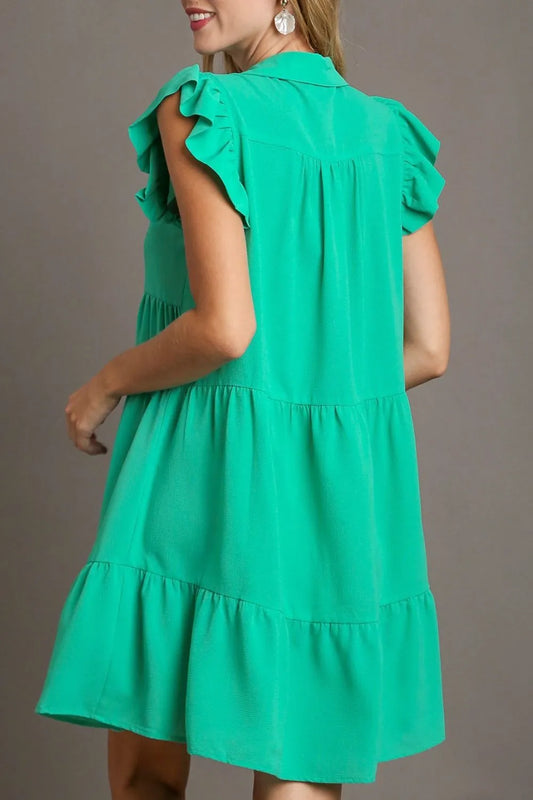 Full Size Johnny Collar Ruffle Cap Sleeve Tiered Dress Plus Size - Jade Green - product view 2