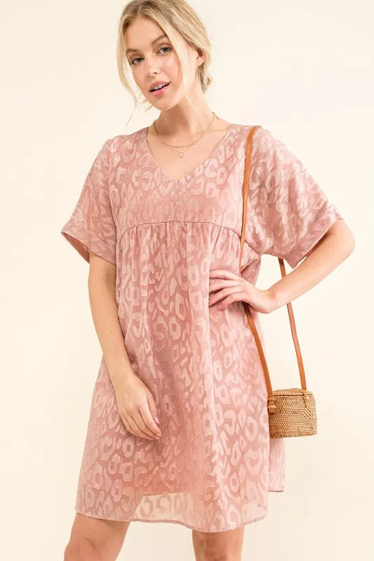 Woven Leopard Baby Doll Roll-Sleeve Casual Dress - Mauve - product view 5