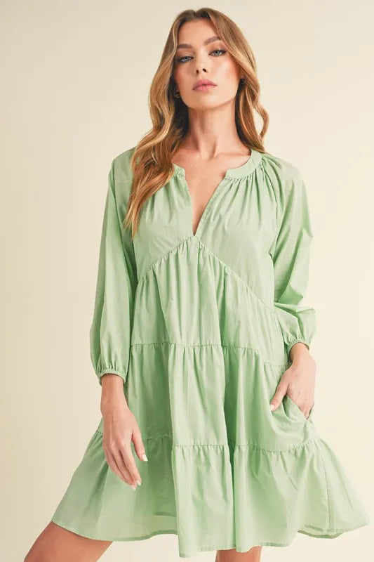 Notched Balloon Sleeve Tiered Mini Dress - Light Green - product view 1