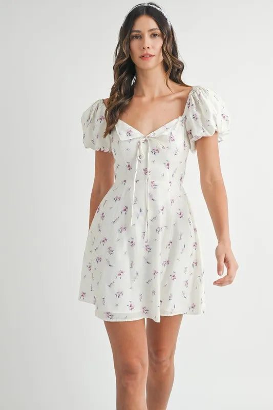Floral Print Puff Sleeve Mini Dress - Off White - product view 8