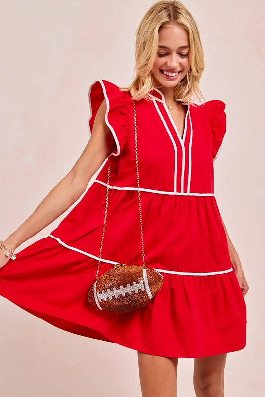 Gameday Theme Contrast Binding Ruffled Dress - Red - product view 1