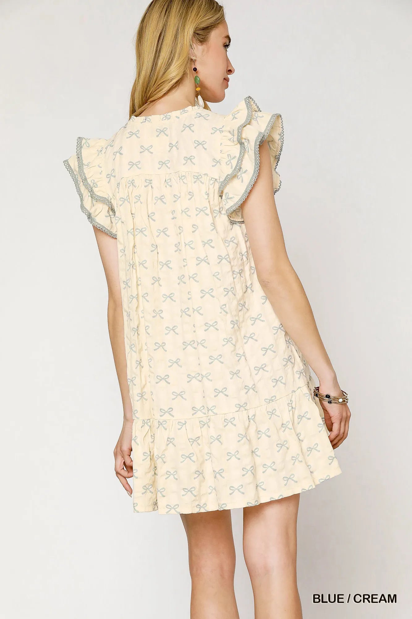 Bow Print Ruffled Cap Sleeve Mini Dress - Blue / Cream - product view 3