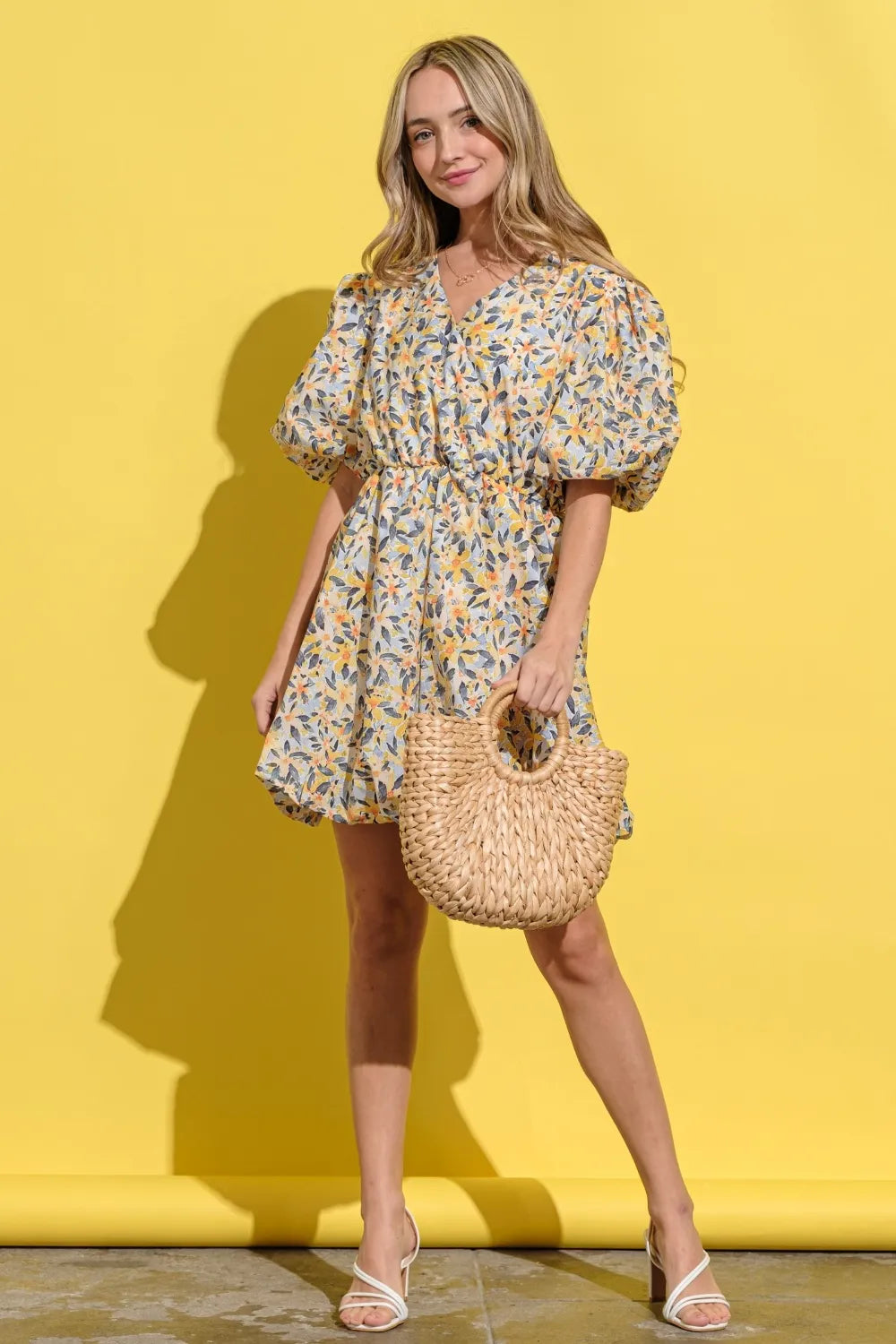 Full Size Floral Surplice Puff Sleeve Dress - Yellow Multi - product view 3