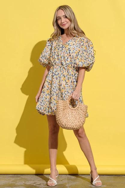 Full Size Floral Surplice Puff Sleeve Dress - Yellow Multi - product view 3