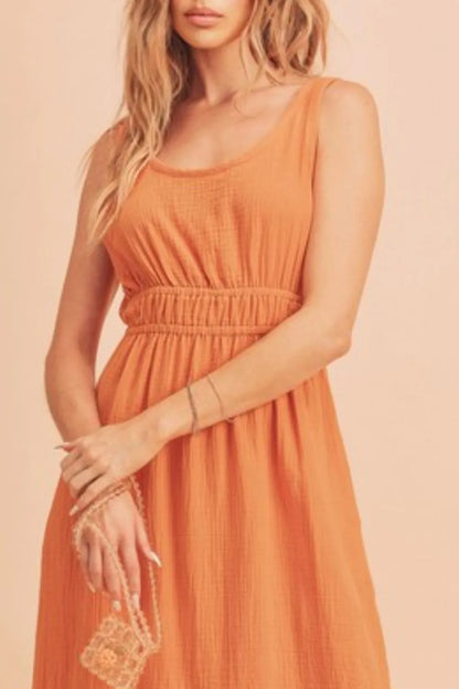 Side Slit Round Neck Sleeveless Tank Dress - Tangerine - product view 3