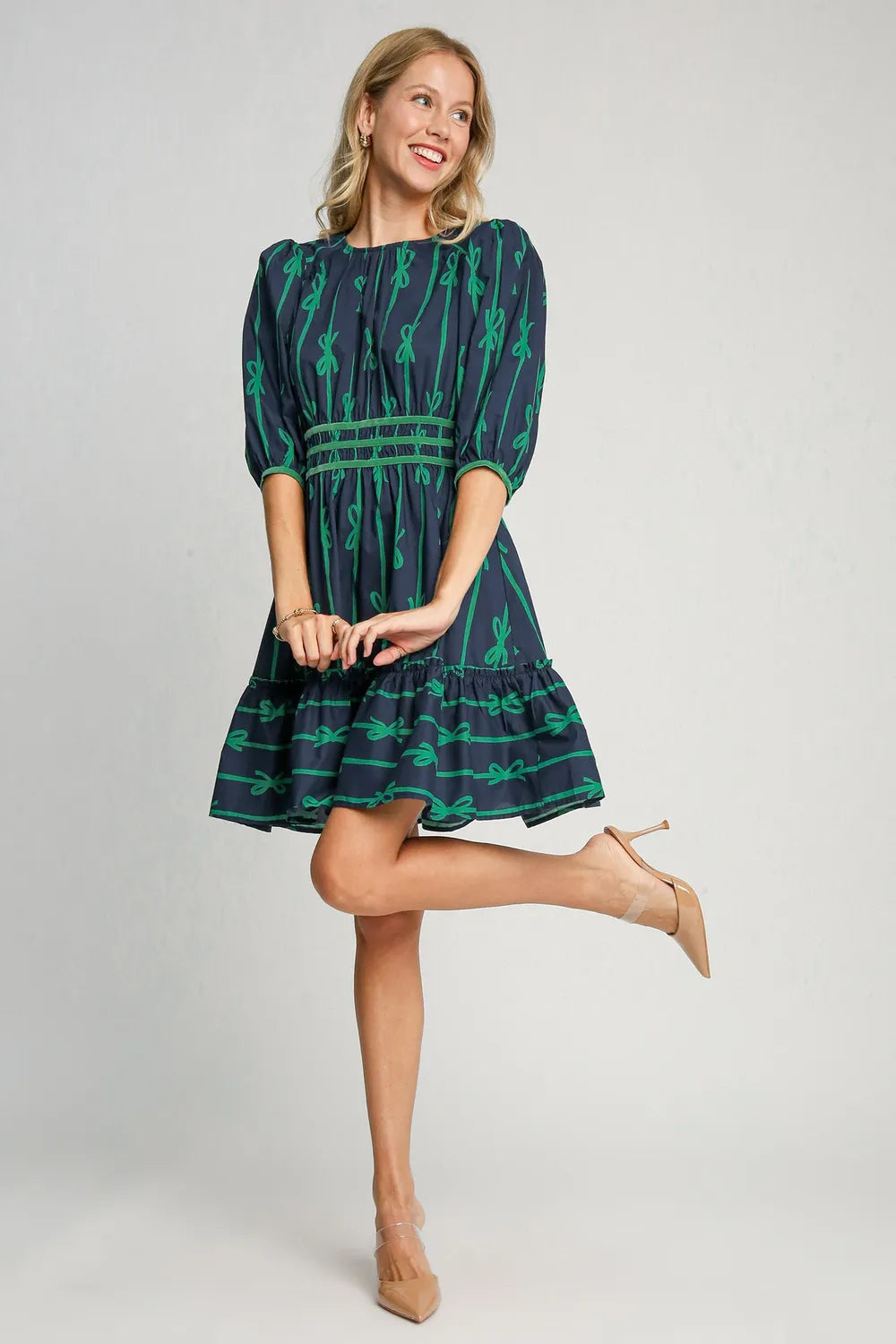 Ribbon Print Frill Contrast Velvet Trim Half Sleeve Dress in Navy - product view 4