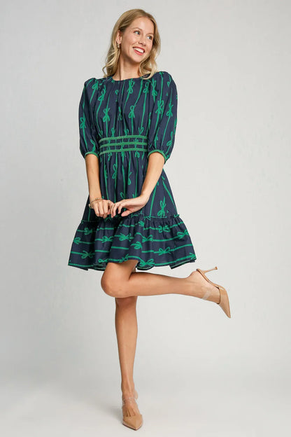 Ribbon Print Frill Contrast Velvet Trim Half Sleeve Dress in Navy - product view 4