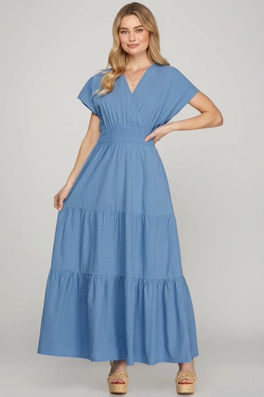 Surplice Short Sleeve Tiered Maxi Dress With Pockets in Cerulean - product view 1