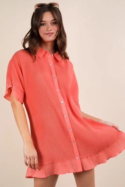 Pleated Detail Button Down Mini Dress - Orange - product view 1