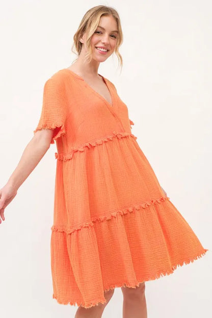 Washed Frayed Detail Tiered Dress - Orange - product view 3