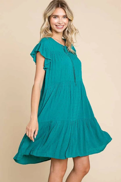 Ruffle Cap Sleeve Tiered Dress in Lotus Green - product view 3