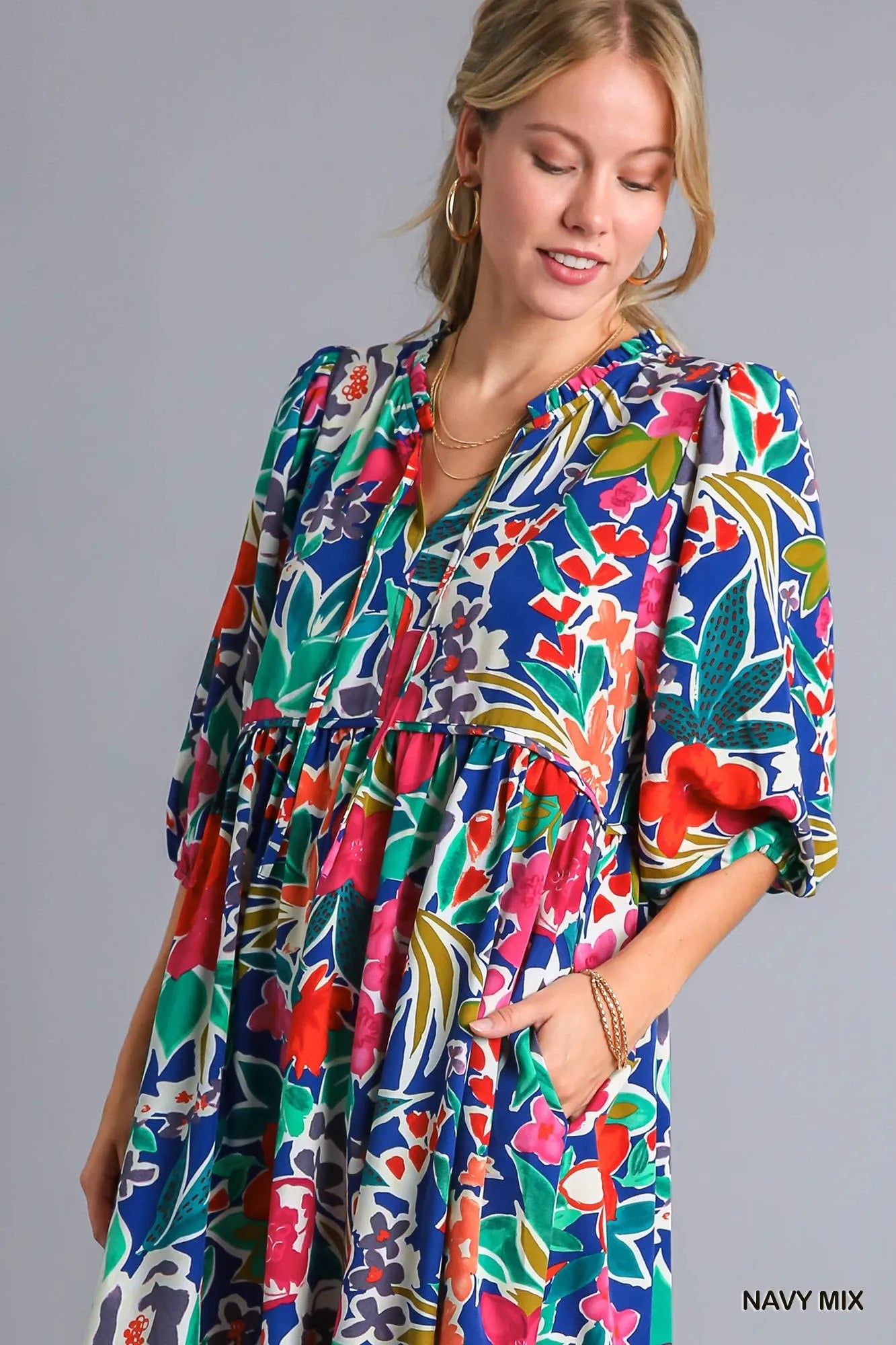 Floral Print Tie Neck Midi Dress with Pockets in Navy Mix - product view 4