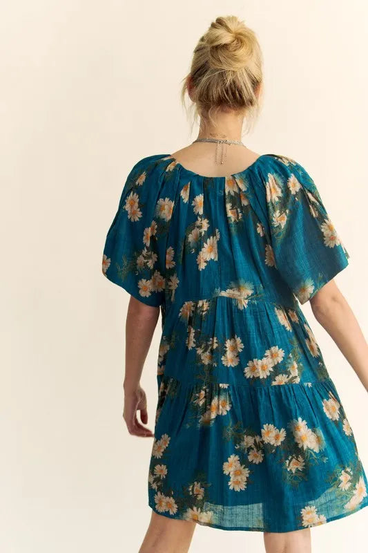 Floral Print Short Bell Sleeve Pleated Mini Dress in Teal Blue - product view 7