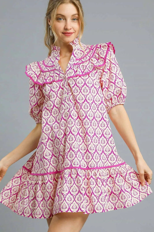 Ruffled Printed Puff Sleeve Mini Dress - Red-Violet - product view 1