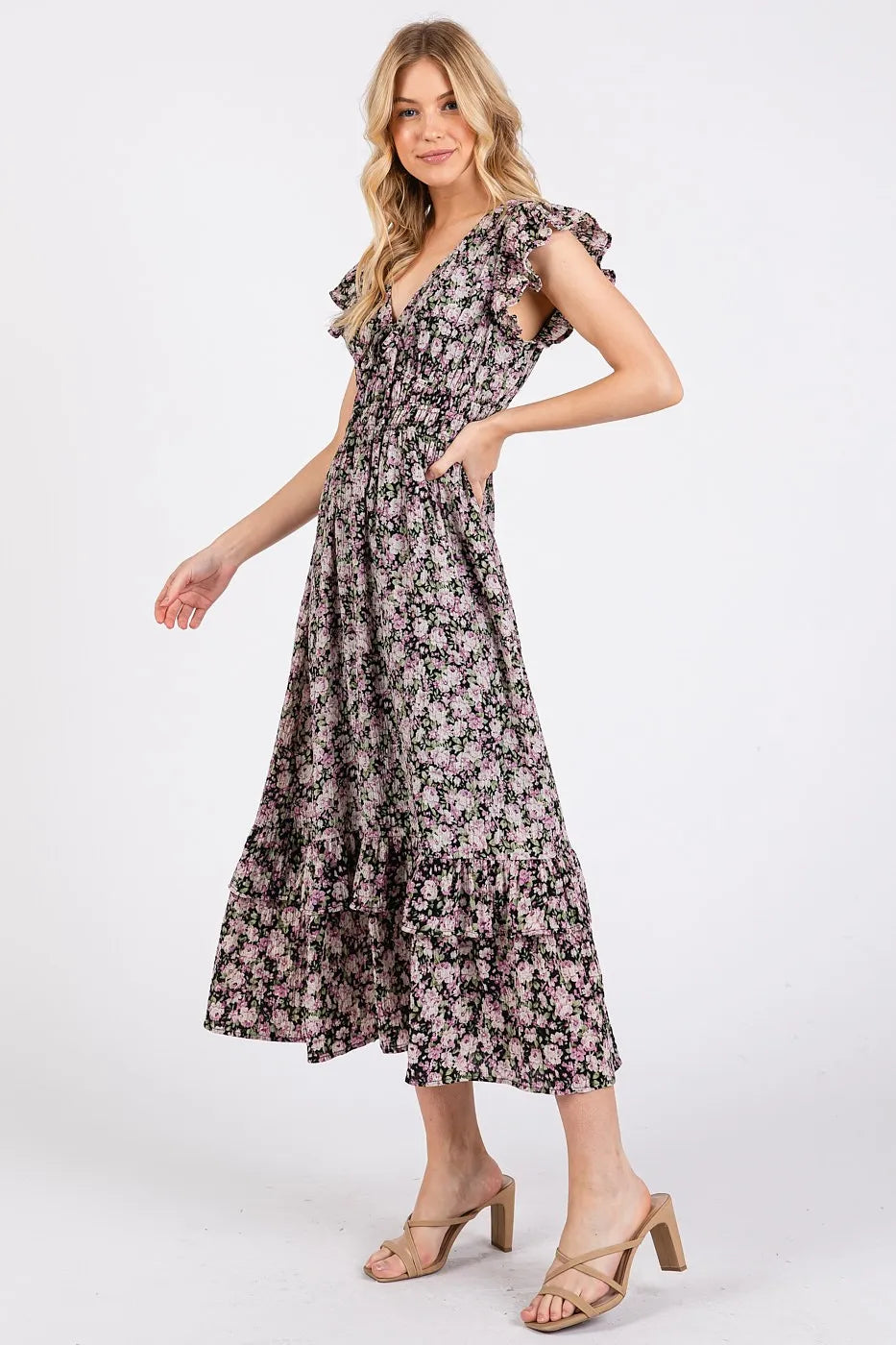 Flower Print Ruffle Cap Sleeve V-neck Midi Dress - Black - product view 1