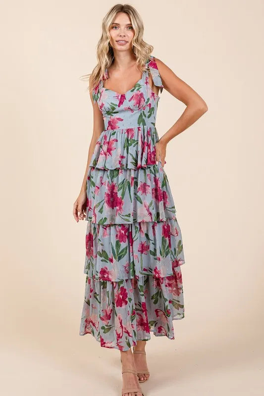 Layered Floral Sweetheart Neck Maxi Dress in Dusty Blue - product view 3