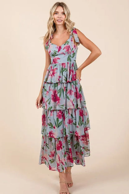 Layered Floral Sweetheart Neck Maxi Dress in Dusty Blue - product view 3