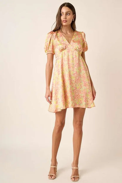 Printed V-Neck Puff Sleeve Mini Dress in Yellow Combo - product view 5