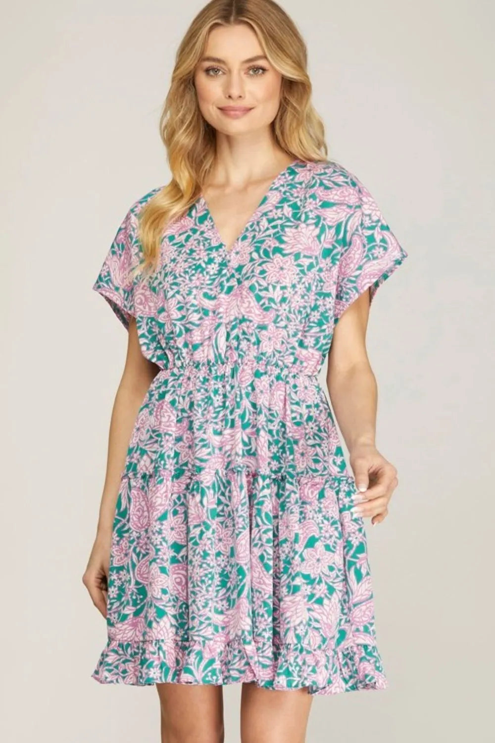 Full Size Ruffled Hem Printed Surplice Kimono Sleeve Mini Dress Plus Size - Turquoise - product view 1