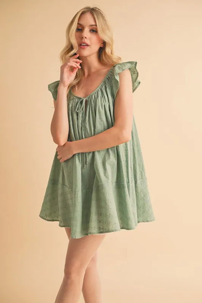 Ruffled Cap Sleeve Cotton Tunic Mini Dress in Pistachio - product view 3