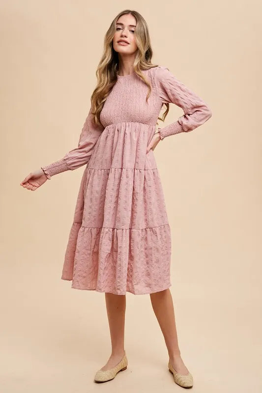 Textured Smocking Bodice Tiered Midi Dress in Mauve - product view 2