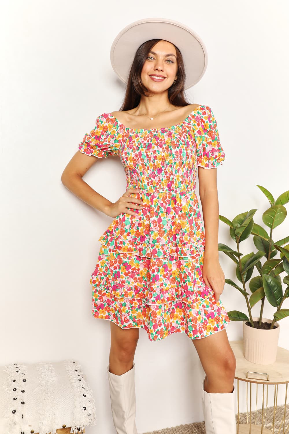 Smocked Sweetheart Neck Flounce Sleeve Mini Dress in Strawberry - product view 1