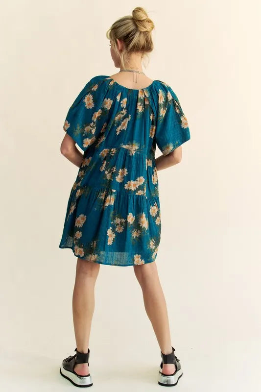 Floral Print Short Bell Sleeve Pleated Mini Dress in Teal Blue - product view 10