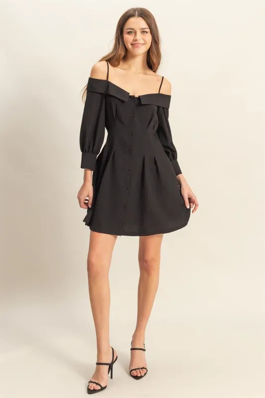 Button Down Spaghetti Strap Mini Dress with Pockets - Black - product view 4