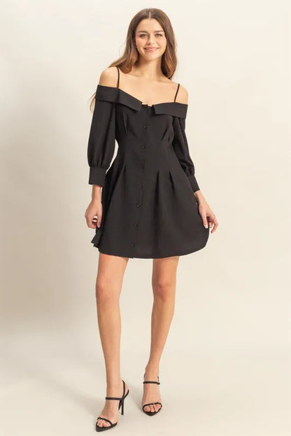 Button Down Spaghetti Strap Mini Dress with Pockets - Black - product view 4